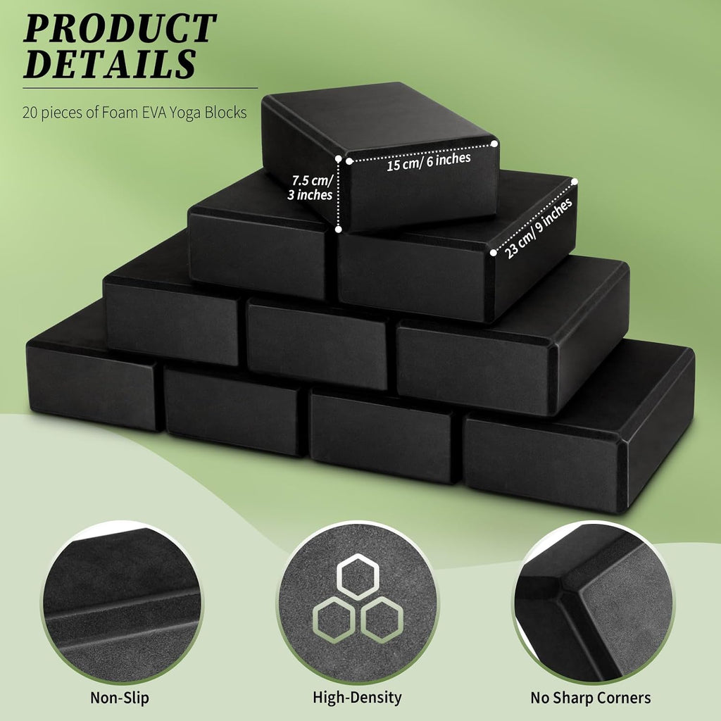 20‑Pcs Black Non‑Slip EVA Yoga Blocks