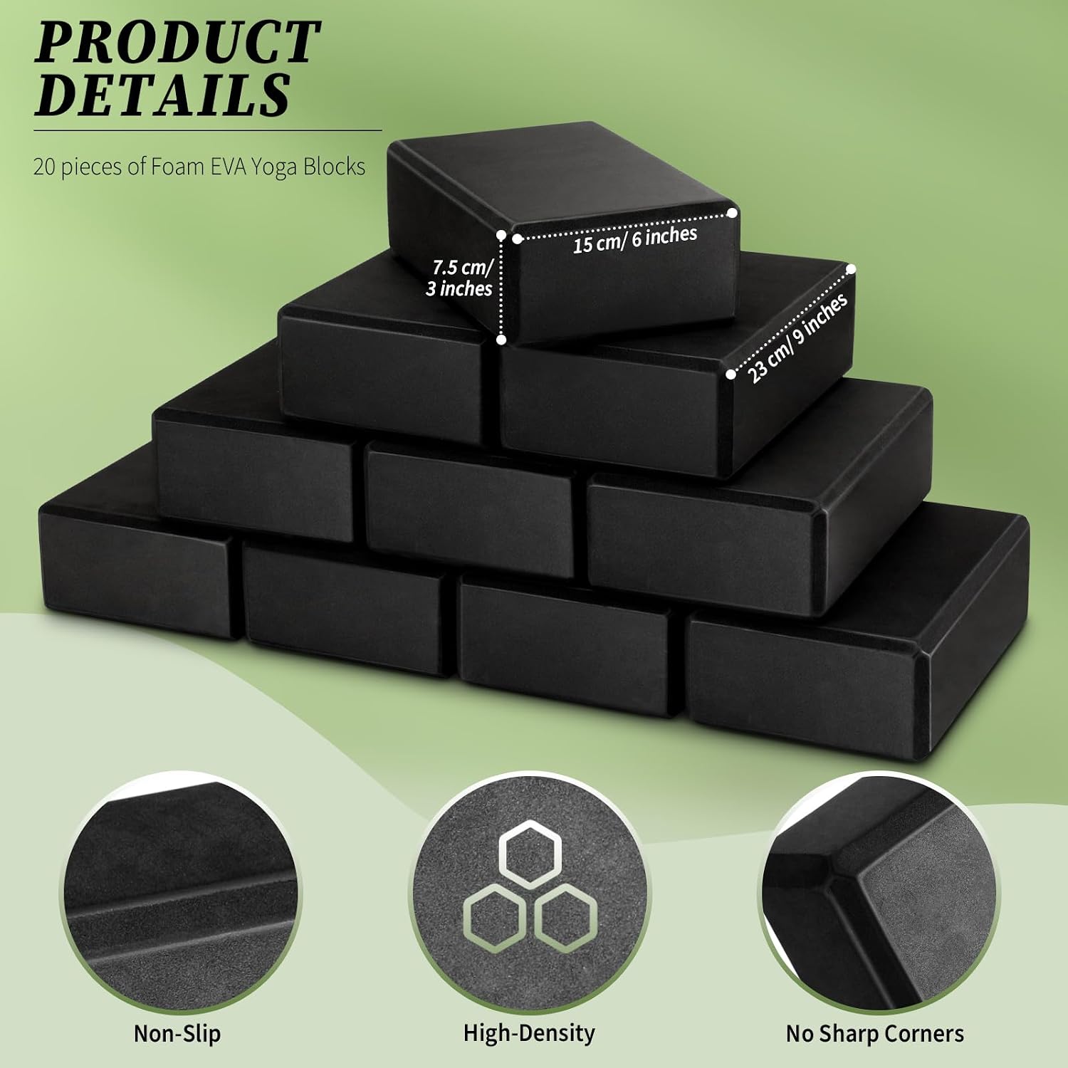 20‑Pcs Black Non‑Slip EVA Yoga Blocks