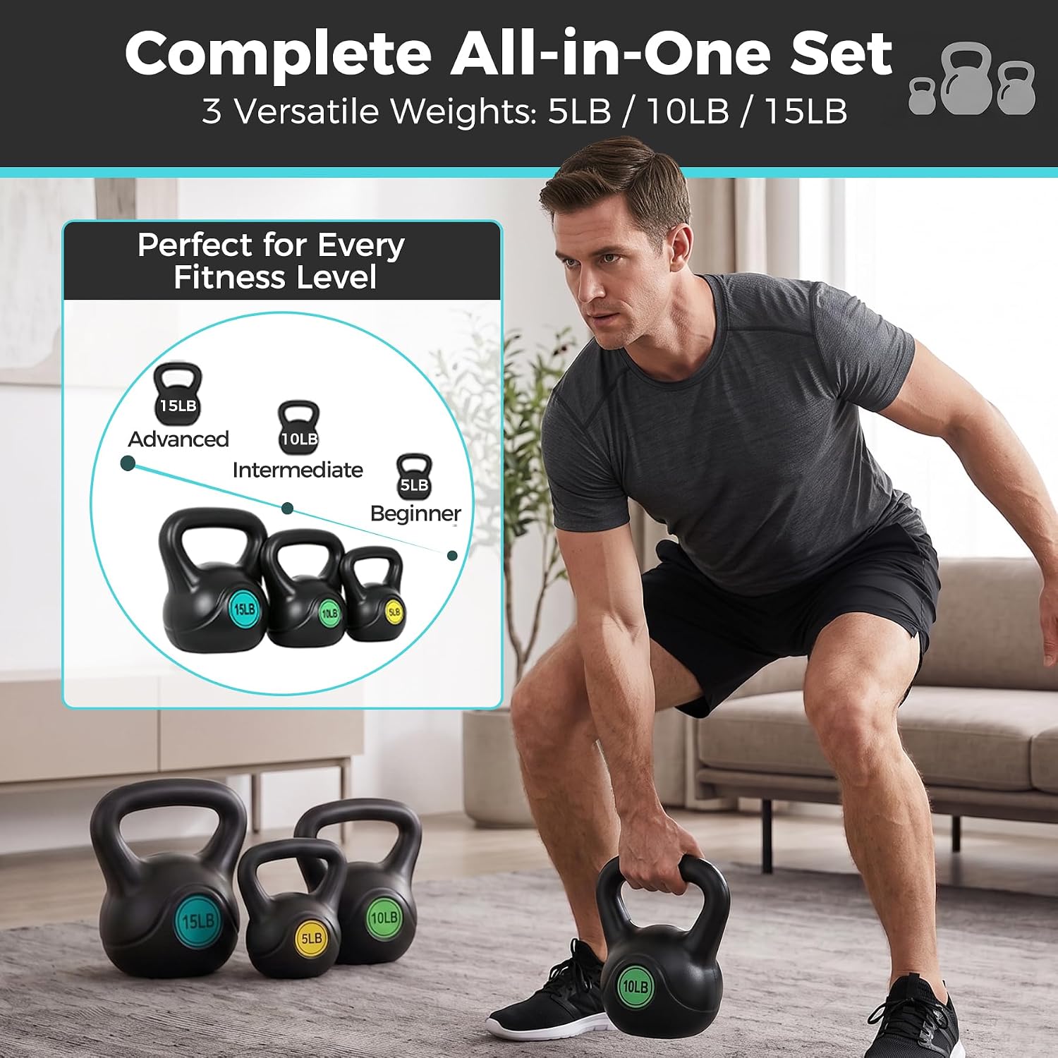 5‑10‑15 lbs Ergonomic Kettlebell Set