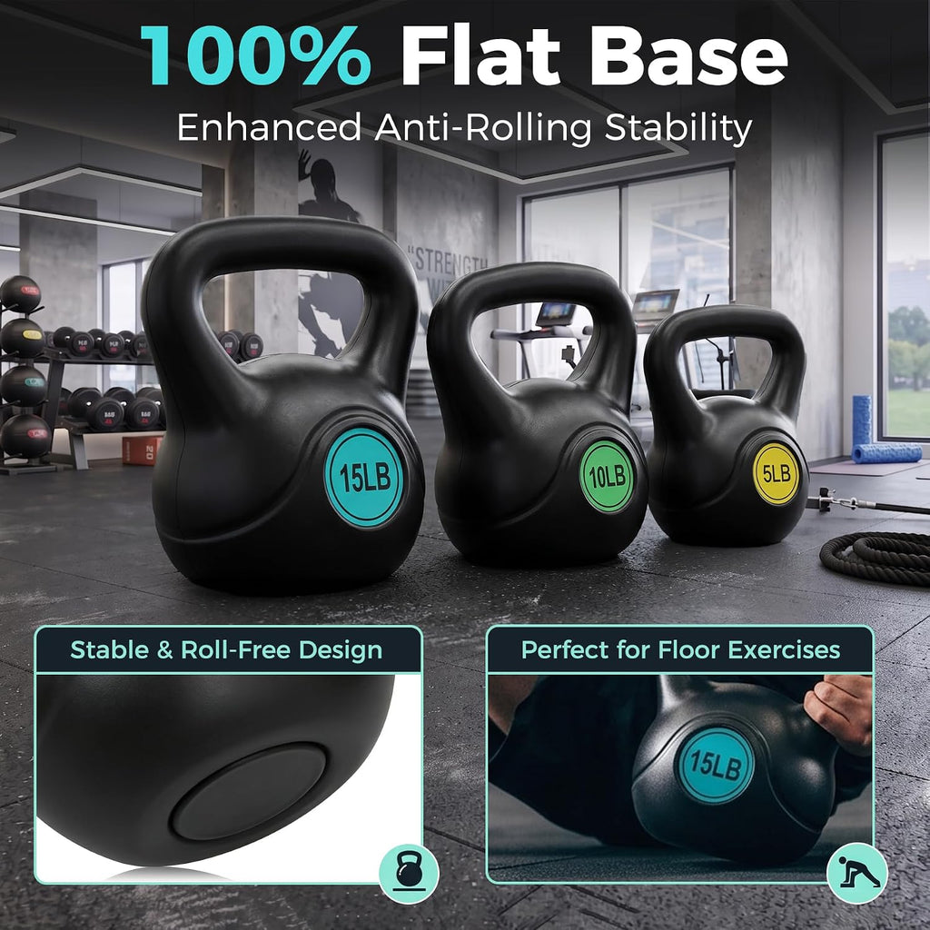 3‑Piece Wide‑Grip Flat‑Base Kettlebell Set
